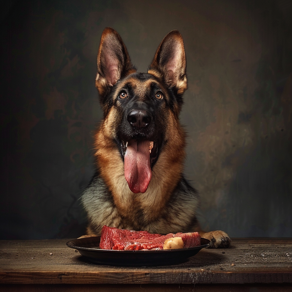 German Shepherd eating raw steak