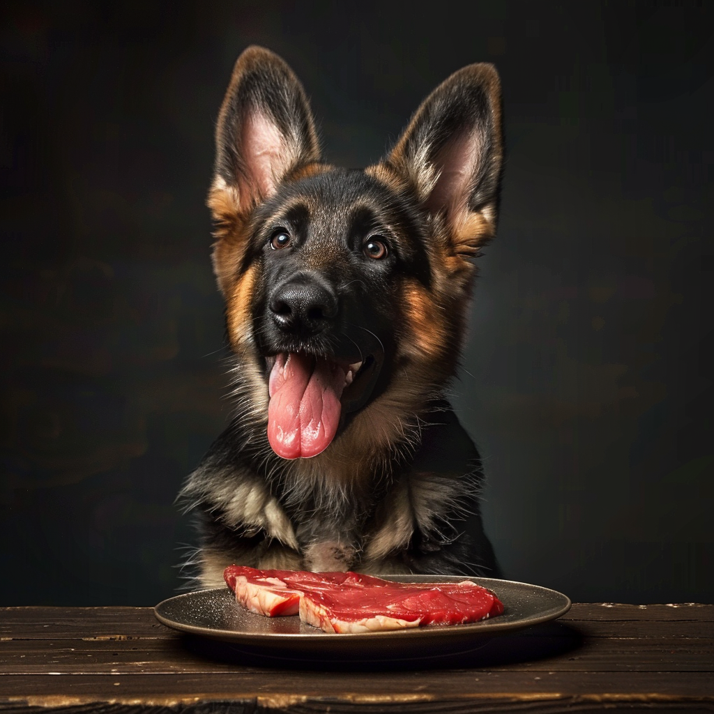 German Shepherd puppy eating raw steak